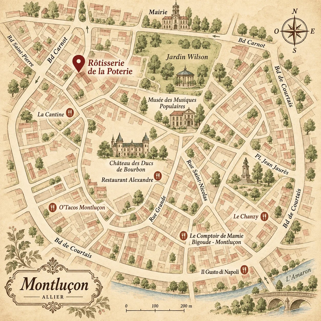 Plan illustré du centre de Montluçon situant la Rôtisserie de la Poterie, près du Jardin Wilson